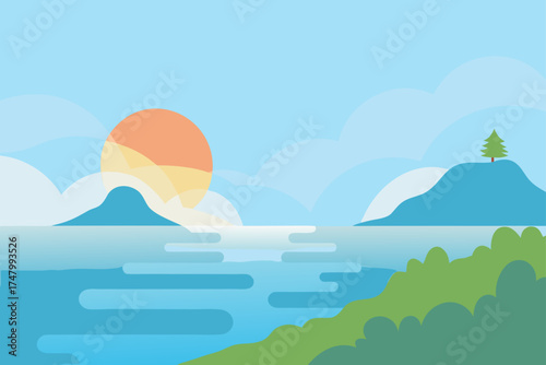 Landscape view of sea islands and a rising sun above