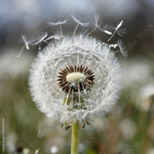 Dandelion flower with seeds blowing in the wind on green field  