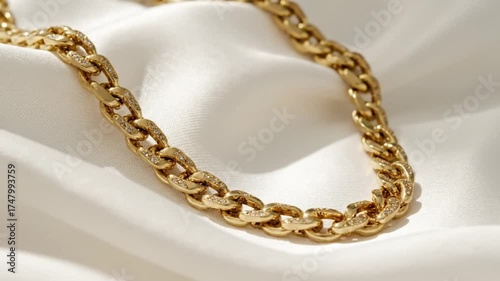Elegant gold chain necklace with embedded crystals resting on a soft white silk fabric