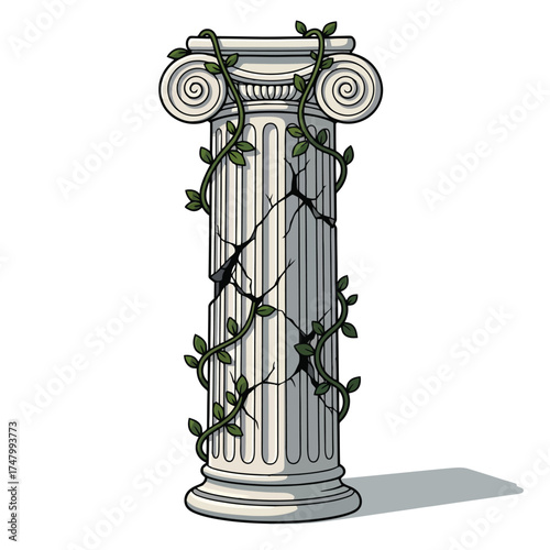 Cracked ancient column with ivy vines