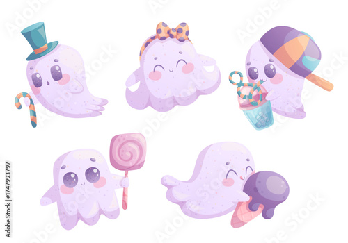 A set of cute ghosts with candy, ice cream, and a drink. Halloween. Isolated vector illustration for the design of postcards, postcards for printing, textiles, stickers