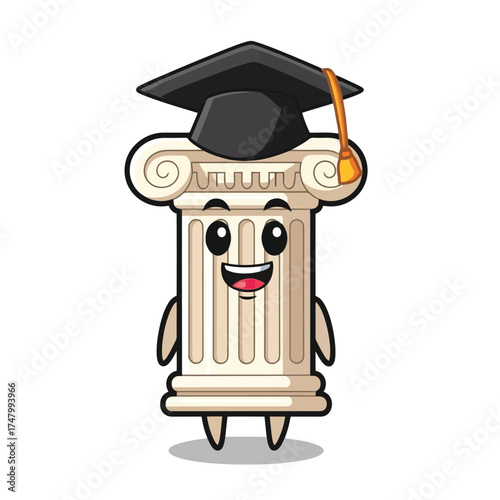 Cute cartoon column wearing graduation cap isolated on white background