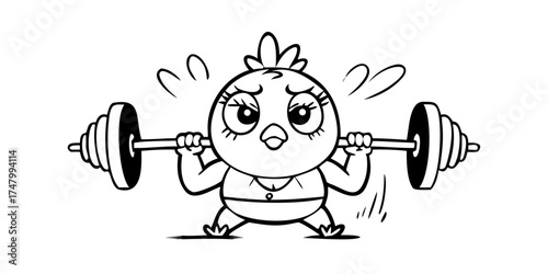 Cartoon chick lifting barbell weights in black and white art