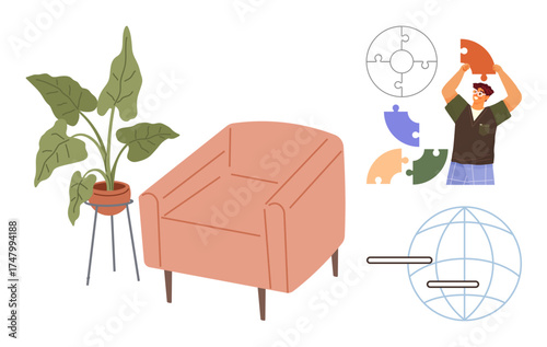 Coral armchair next to houseplant, man holding puzzle piece, circular puzzle, and abstract globe. Ideal for teamwork, relaxation, collaboration, problem-solving, eco-consciousness global connection