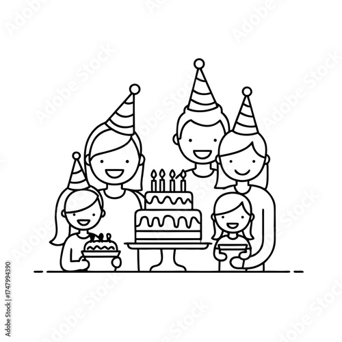 Vector simple drawing of a family of five in hats, they celebrate a birthday: everyone is smiling, and in the center is a cake with candles.