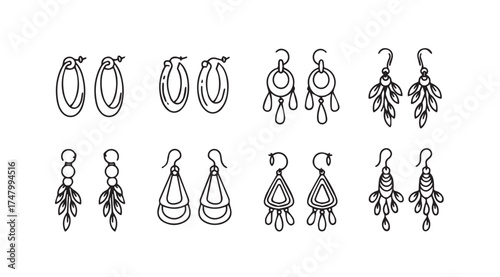 Collection of hand-drawn earring designs sketches artistic jewelry concepts for fashion and design vector