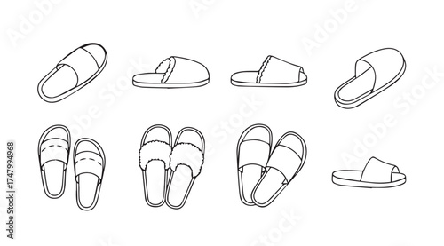 Collection of cozy slippers presented from various angles in a clean line drawing style vector