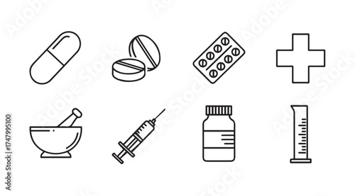 Set of medical healthcare icons including pills syringe mortar pestle and cross for pharmacy medicine vector