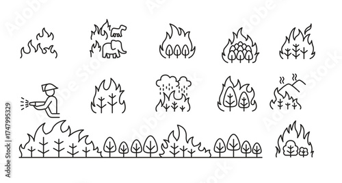 forest fire, wildfire icons set in thin line style vector
