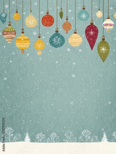Festive Christmas Ornaments Display with Snowfall Background