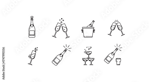 Hand drawn champagne bottle glasses and celebration icons for festive occasions vector