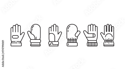 Collection of five different styles of winter gloves and mittens line icons vector