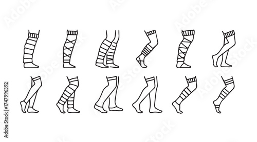 Set of hand drawn leg poses and movements with striped socks for animation or fashion design inspiration vector