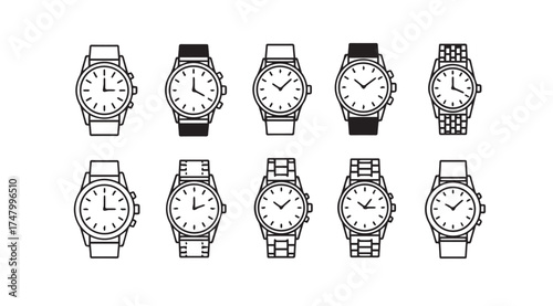 Collection of vintage and modern wristwatches in hand-drawn sketch style artistic rendering vector
