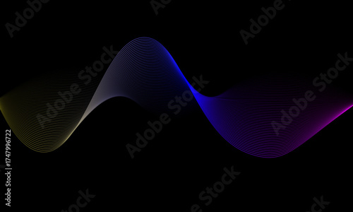 Chromatic Wave Symphony: A Gradient of Motion in Yellow, Blue, Pink & Purple Across Abstract Lines on Black