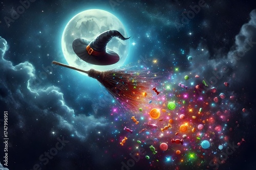 A magical witch broom flying in the night Halloween day with candies spilling behind 
