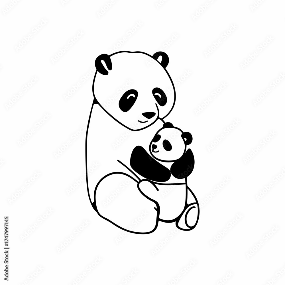 Fototapeta premium An isolated vector drawing of a panda mom gently hugging her cub, made in a simple black and white style.
