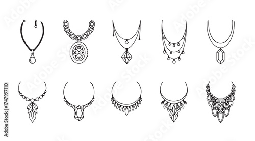 Collection of delicate necklaces fashion jewelry designs sketches hand drawn elegant accessories vector