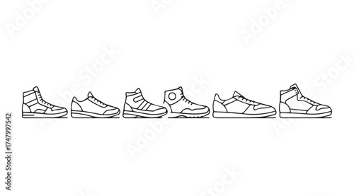 Collection of high-top sneaker styles in outline form for fashion design and apparel vector