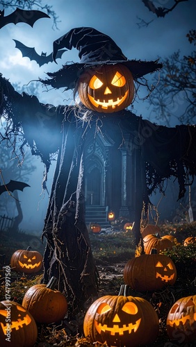 Halloween, festividad internacional del Día de los Muertos. Calabazas y castillos terroríficos.

