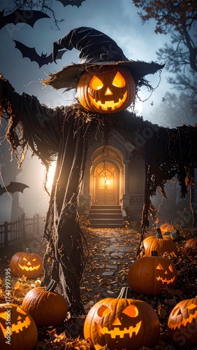 Halloween, festividad internacional del Día de los Muertos. Calabazas y castillos terroríficos.

