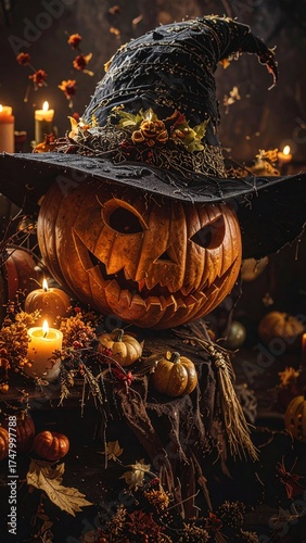 Halloween, festividad internacional del Día de los Muertos. Calabazas y castillos terroríficos.

