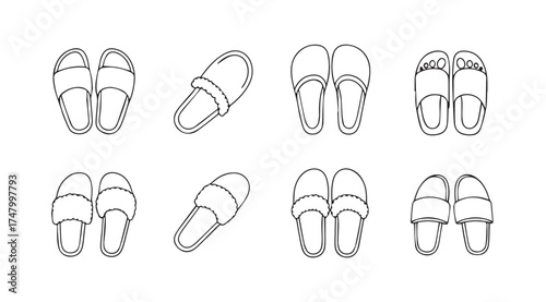 Collection of eight hand-drawn outline slippers in various angles and pairs for footwear design vector