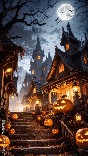 Halloween, festividad internacional del Día de los Muertos. Calabazas y castillos terroríficos.

