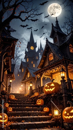 Halloween, festividad internacional del Día de los Muertos. Calabazas y castillos terroríficos.

