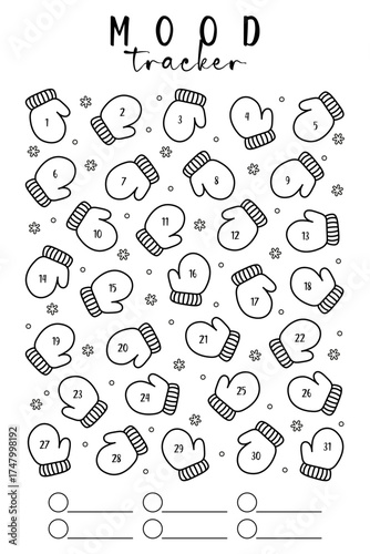 Winter Mittens Mood Tracker Calendar. Monthly mood tracker with cute mittens and snowflakes for 31 days. Printable template for bullet journal, winter planner, emotional tracking, coloring page. EPS