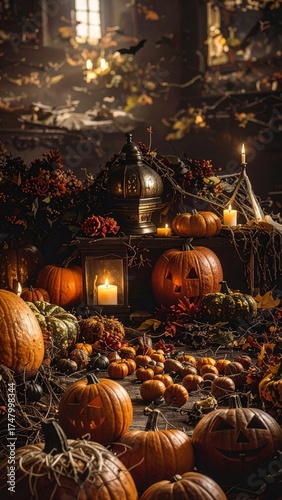 Halloween, festividad internacional del Día de los Muertos. Calabazas y castillos terroríficos.

