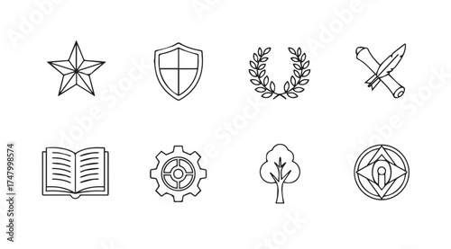 Collection of hand-drawn icons symbols emblematic of awards education industry and nature themes vector