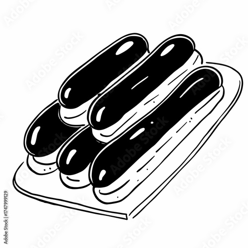 Graphic eclairs in chocolate, neatly stacked on an oval paper plate.