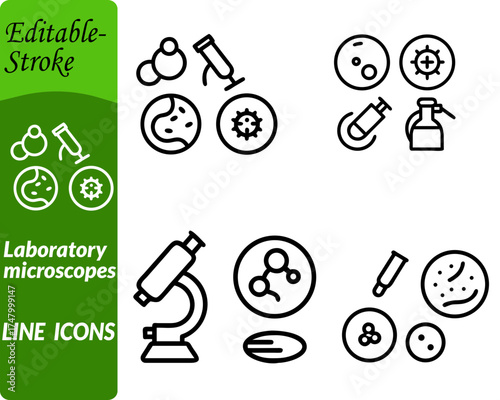 Laboratory molecule biology icon. Featuring interconnected molecular structures, DNA strands, and microscopes, symbolizing scientific research and biotechnology. Designed in clean flat vector style.