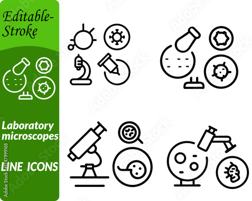 Laboratory molecule biology icon. Featuring interconnected molecular structures, DNA strands, and microscopes, symbolizing scientific research and biotechnology. Designed in clean flat vector style.