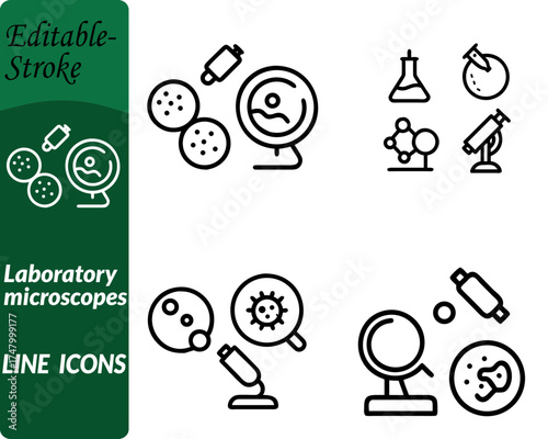 Laboratory microscopes icon. Featuring a detailed microscope with lenses slides. and test tubes symbolizing scientific observation biology research and medical analysis. Designed in clean flat vector.