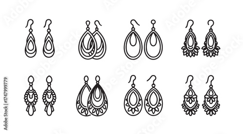 Set of eight distinct pairs of artistic hand-drawn ethnic style earrings collection vector