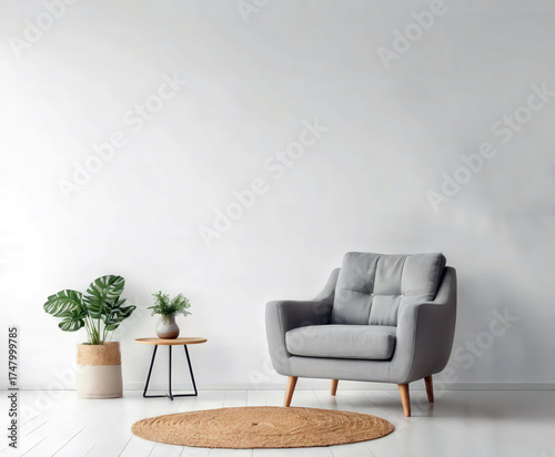Minimalist Living Room Interior Design with Comfortable Chair and Green Plants.