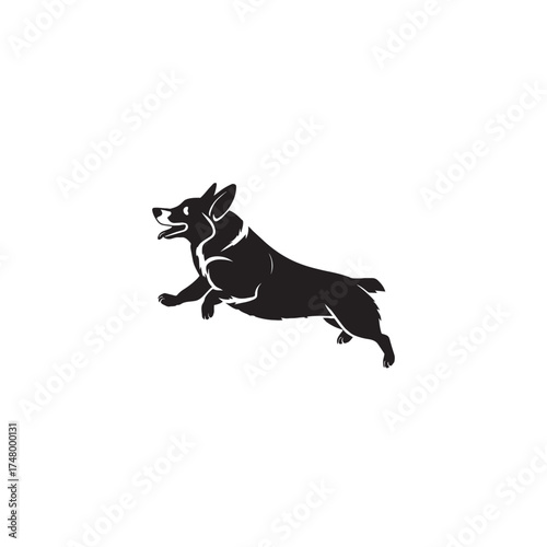 Running corgi silhouette vector featuring a short-legged dog in motion. Minimal black design perfect for pet logos, animal art, and dog lovers.