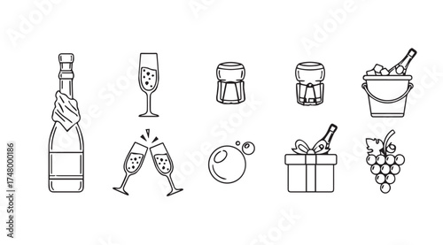 Celebration icons set champagne bottles glasses toast gift grapes ice bucket party elements vector