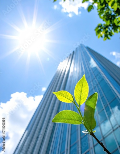 Sunlight, leaves, and a modern skyscraper.  A low-angle view of a tall glass office building under a vibrant blue sky with clouds and a bright sun.  