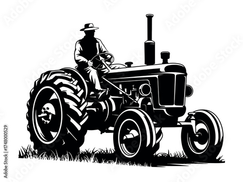 Vintage farm tractor illustration with a farmer, capturing the essence of traditional agriculture, rural life, and the heritage of farming in a classic graphic style