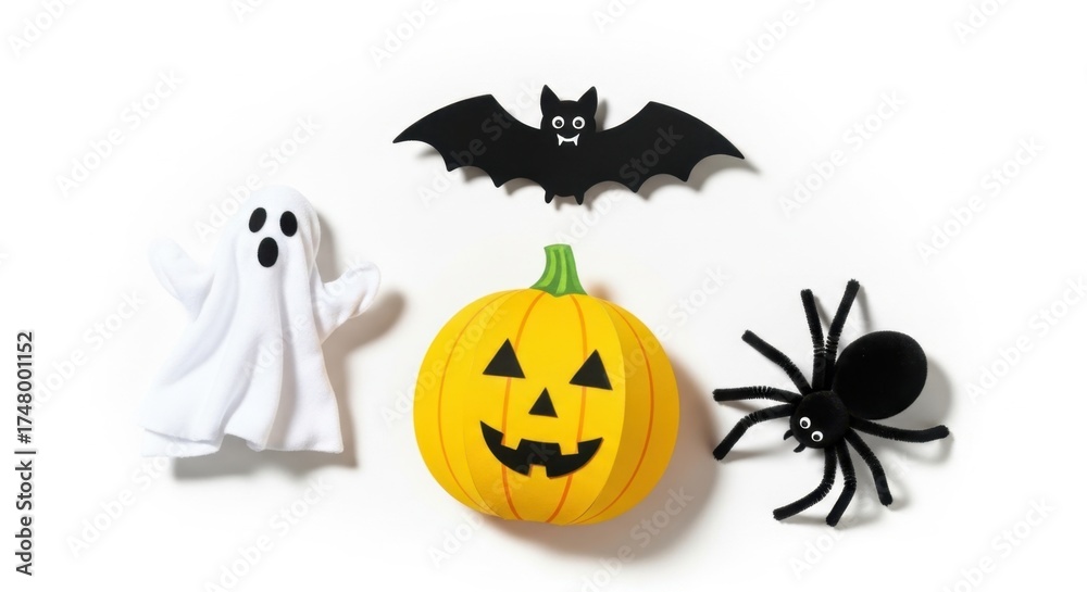 Fototapeta premium Halloween Decorations Featuring A Ghost Pumpkin Bat And Spider On White Background