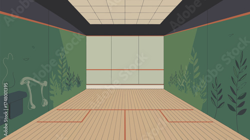 A squash court with green walls and decorative paintings of plants and bones on the side walls view