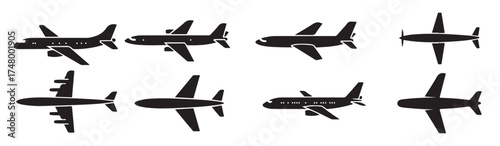 nine black airplane silhouettes illustration set various