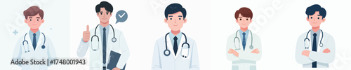 Set of professional male doctors in white medical coats with stethoscopes — modern healthcare workers, hospital staff, and medical team illustration