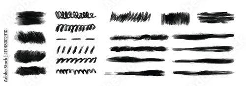 Oil paint stains, strokes and arrows in black grunge brush, abstract freehand drawings, and decorative stickers, dividers, lines, curves. Shapes and borders. Vector design elements.