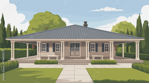 Illustration of a single story house with a porch and a well manicured lawn in the daytime