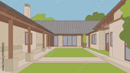Illustration of a courtyard with a green lawn surrounded by buildings under a blue sky day time