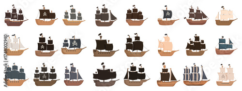 pirate ship icons set cartoon vector wreck boat